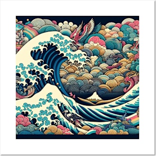 The Sea Wave and Colorfull Fish and Clouds in Japanese Style Posters and Art